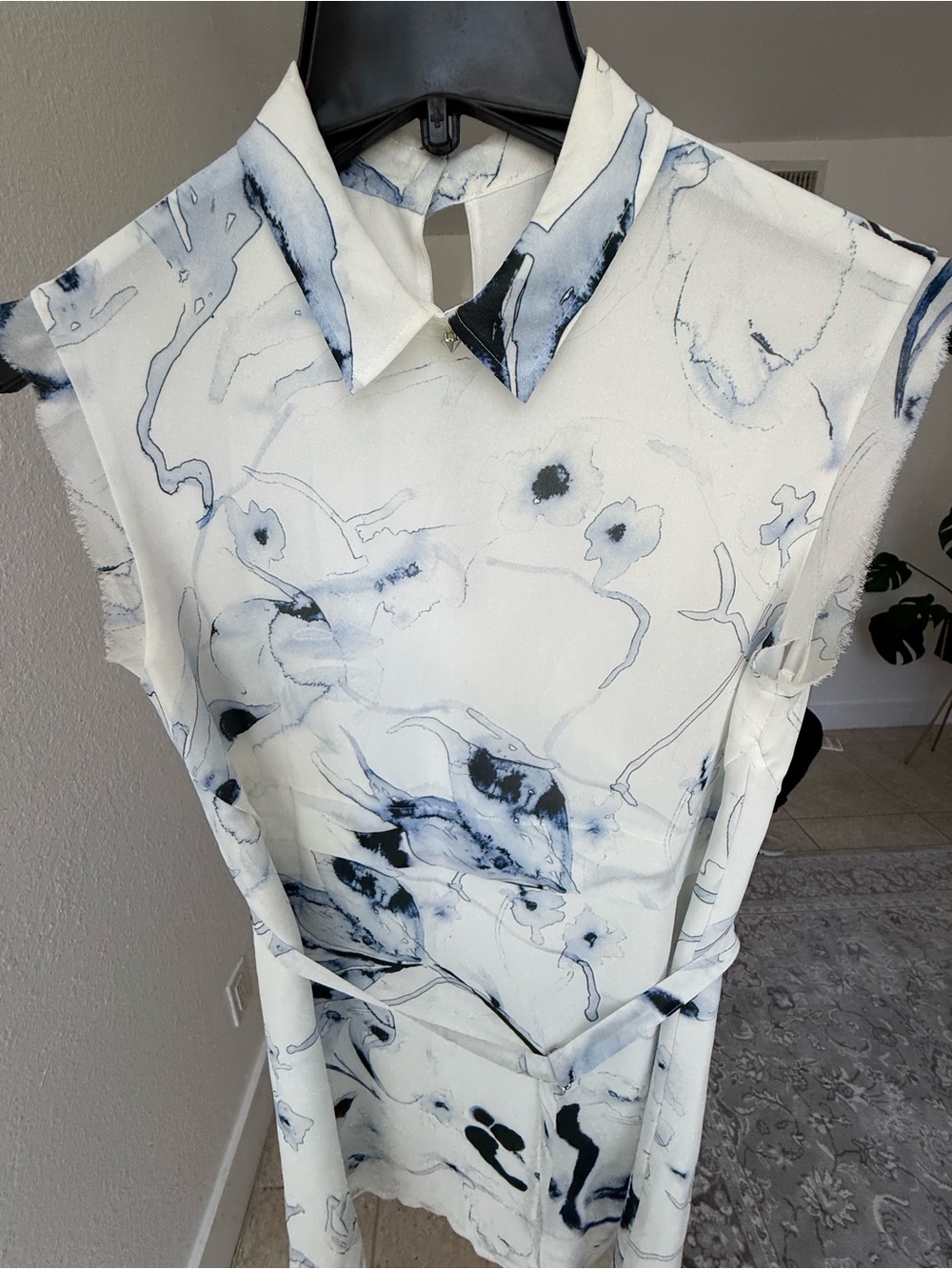 Diesel Sleeveless White & Navy Watercolor Collared Dress